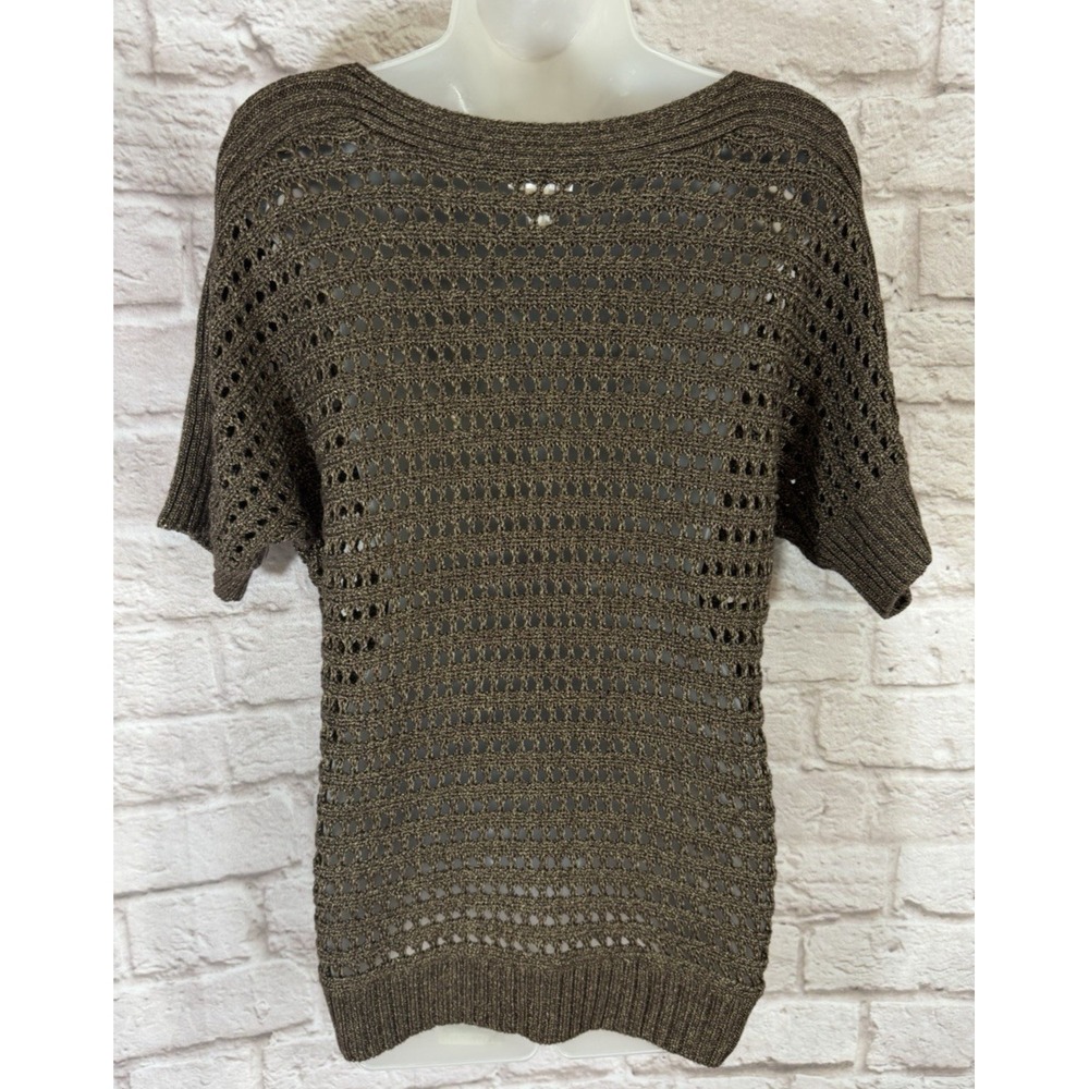 CHICOS 1 M Bronze Metallic Open‎ Knit Crochet Chunky Knit Dolman Sleeve Sweater - Picture 3 of 10